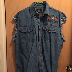 Men’s biker denim sleeveless button down tee